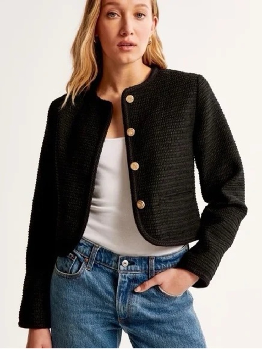 NWT Abercrombie Black Tweed Collarless Jacket Size M